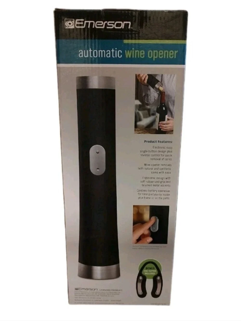 NEW Emerson Automatic Wine Bottle Opener Battery Operated Corkscrew & Cutter